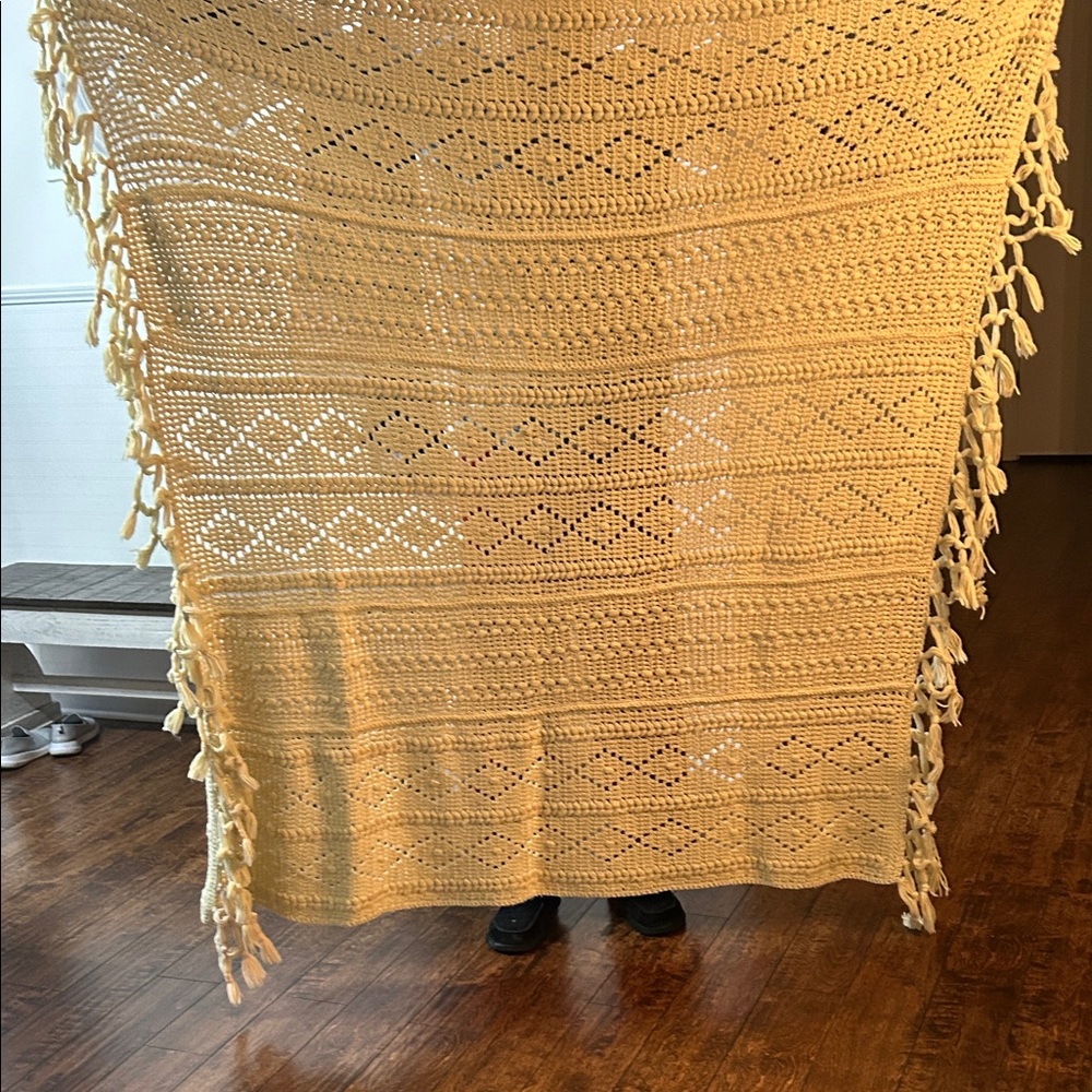 Handmade Crocheted Afghan Blanket - Cream 63 x 61 Inches - Picture 2 of 5